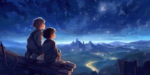 Night Scene Of Two Brothers Outdoors, Llittle Boy Looking Through A Telescope At Stars In The Sky, Digital Art Style, Illustration Painting