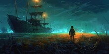 Night Scenery Of A Man With Magic Lantern Standing In Field Looking At Shipwreck, Digital Art Style, Illustration Painting