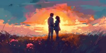 Couples Embracing Each Other In Love On The Hill, Digital Art Style, Illustration Painting