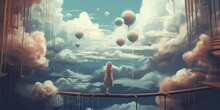 Surreal scenery showing the girl looking at mysterious things on clouds, digital art style, illustration painting