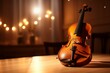 Close-up of violin on table with out-of-focus lights and wall. Generative AI