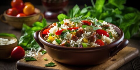 Cold rice salad with sausage, cheese and legumes