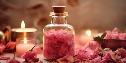  Concept of pure organic essential rose oil. Elixir with plant based floral Pink flowers with candle