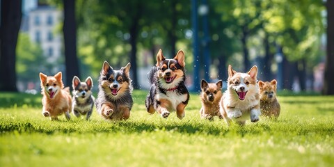 Cute funny dogs group running and playing on green grass in park,