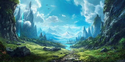 Fantasy anime landscape illustration with mountains and sky, a path in the forest