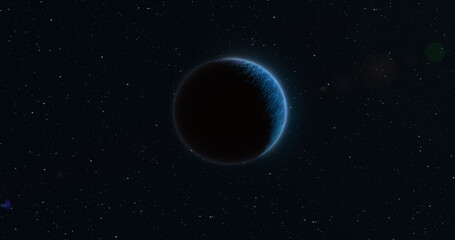 Wall Mural - abstract realistic space spinning planet round sphere with a blue water surface in space against the