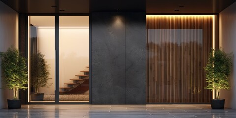 Glass entrance door with side lighting and wall section modern style dark, interior