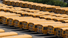Many School Buses In A Parking Lot. Greater Sudbury, ON, Canada, Ontario