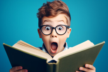 Wall Mural - Surprised young boy in glasses and with a backpack engrossed in reading a book against a blue background. Modern back-to-school concept. Generative AI