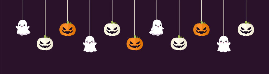 Wall Mural - Happy Halloween border banner with ghost and jack o lantern pumpkins hanging from spider webs. Dangling Spooky Ornaments Decoration Vector illustration, trick or treat party invitation