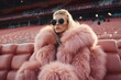 A luxurious woman strides confidently through the stadium in her fashion-forward pink fur coat and leather sunglasses, radiating power and style