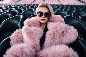 Wall Mural - A glamorous woman stands out in the crowd of a bustling stadium, her luxurious pink fur coat and stylish sunglasses accentuating her fashionable sense of style