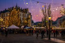 Lights And Emotions Of The Advent In Luniana. Capital Of Slovenia Dressed Up For Christmas.