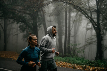Wall Mural - Two joggers immersed in the quiet beauty of the foggy forest during the early hours of the day.