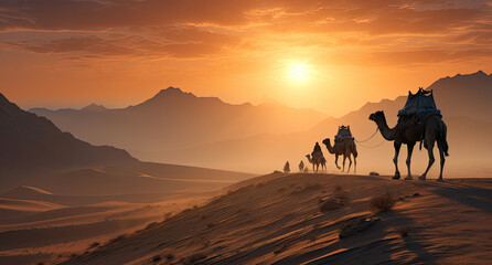 Camels traveling in the middle of the desert with sky in the sunset orange background. created by generative AI technology.