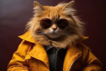  the cat is wearing glasses against a dark backdrop. created by generative AI technology.