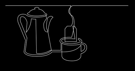 Sticker - continuous line drawing vector illustration with FULLY EDITABLE STROKE of tea or coffee drinks as a concept of cafe on black background