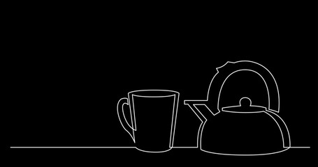 Poster - continuous line drawing vector illustration with FULLY EDITABLE STROKE of tea or coffee drinks as a concept of cafe on black background