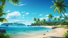 Travel Beach Concept: Pristine White Sand Meets A Tranquil Sea Bay Under A Sunlit Blue Sky. Featuring Exotic Paradise Vibes From The Mediterranean To The Tropics, With Green Palm Trees. Generative AI