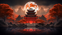 Chinese Temple On A Rocky Ground Under A Full Moon. Ai Generated