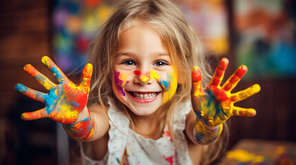 Young girl engaging with colorful paints, hand covered in vibrant hues. Concept of creative and happy childhood against a modern background.

Generative AI