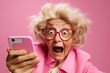old woman is taking  selfie with her smartphone, in the style of yellow and pink, captures raw emotions, barbiecore