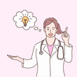 © Idol Design - Professional young female doctor character showing, pointing and presenting think idea with hand for decoration. Hand drawn style. vector illustration isolated.