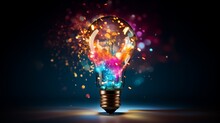 Creative Light Bulb Explodes With Colorful Paint And Colors. New Idea, Brainstorming Concept. Banner