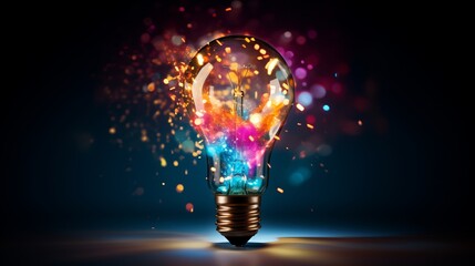 creative light bulb explodes with colorful paint and colors. new idea, brainstorming concept. banner