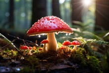 A Single, Striking Red Toadstool, Its Cap Adorned With Morning Dew That Catches The First Light Of Dawn. As The Silvery Droplets Reflect The Surrounding Autumnal Colors, The Close-up Captures The Intr