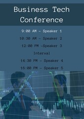 Business tech conference, timings, speaker 1,2,3,4,5 over graphs and caucasian colleagues discussing