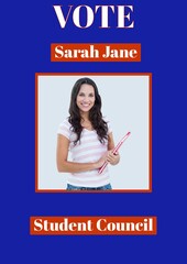 Sticker - Portrait of caucasian woman with book and vote sarah jane and student council text, copy space