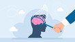 	
A businessman catches in butterfly net a person's brain. Intrusive thoughts. Manipulation of thinking by advertising. Propaganda. Using a trap for human views. Flat illustration