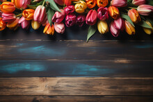 A Chalkboard With Tulip Flowers On A Rustic Wooden Table. Free Space For Text.