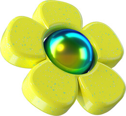 Wall Mural - 3d abstract yellow terrazzo plastic chrome flower with blue metal chrome shape in a playful style wi