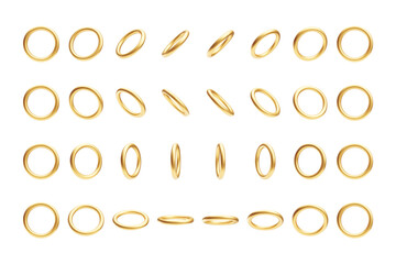 3d golden rings, accessories from different sides set. round shaped shiny metallic objects, decorati