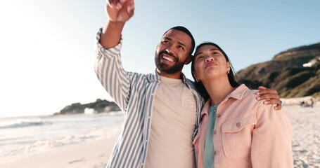 Wall Mural - Love, smile and hug with couple at beach for travel, summer vacation and romance. Relax, support and holiday with man and woman walking on seaside date for commitment, happy and care together