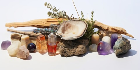 Healing crystals, elixir, palo santo, white sage bundle on abalone sea shell, dry healing herbs on white background, Generative AI