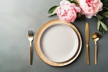 Beautiful table setting with golden cutlery and peony flowers, mock up, Generative AI