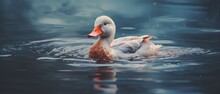 Beautiful Duck Swimming In A Pond With Calm Blue Murky Water With Reflections - Generative AI