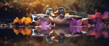Pair Of Ducks Resting Together In A Pond, Early Morning Hour, Calm Reflective Water - Generative AI