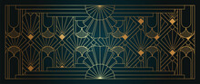 Luxury Geometric Gold Line Art And Art Deco Background Vector. Abstract Geometric Frame And Elegant Art Nouveau With Delicate. Illustration Design For Invitation, Banner, Vip, Interior, Decoration.
