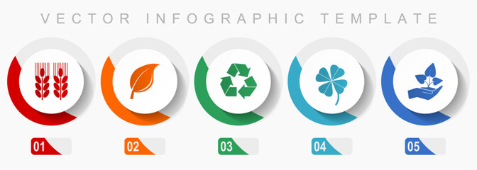 Aufkleber - Agriculture icon set, miscellaneous icons such as wheat, leaf, recycling, clover and seedling, flat design vector infographic template, web buttons in 5 color options