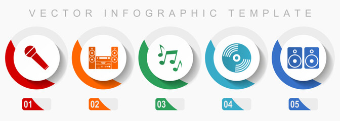Leinwandbilder - Multimedia icon set, miscellaneous icons such as microphone, stereo equipment, vinyl and speakers, flat design vector infographic template, web buttons in 5 color options
