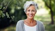 © standret - Grey hair. Portrait of mature woman that is in park. Beautiful illustration picture. Generative AI