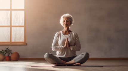 Wall Mural - Meditation, yoga practice, mature woman. Beautiful illustration picture. Generative AI