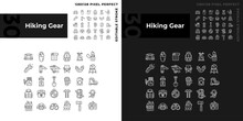 Pixel perfect dark and light mode icons collection representing hiking gear, editable isolated thin line illustration.