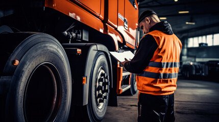 Serviceman with digital tablet on the background of the truck in the garage. Pretrip technical inspection, checklist