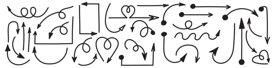 Wall Mural - set of vector hand drawn curved arrows. collection of pointers. vector illustration.
