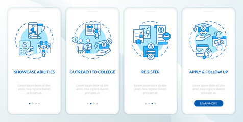 2D icons representing athletic scholarship mobile app screen set. Walkthrough 4 steps blue graphic instructions with thin line icons concept, UI, UX, GUI template.